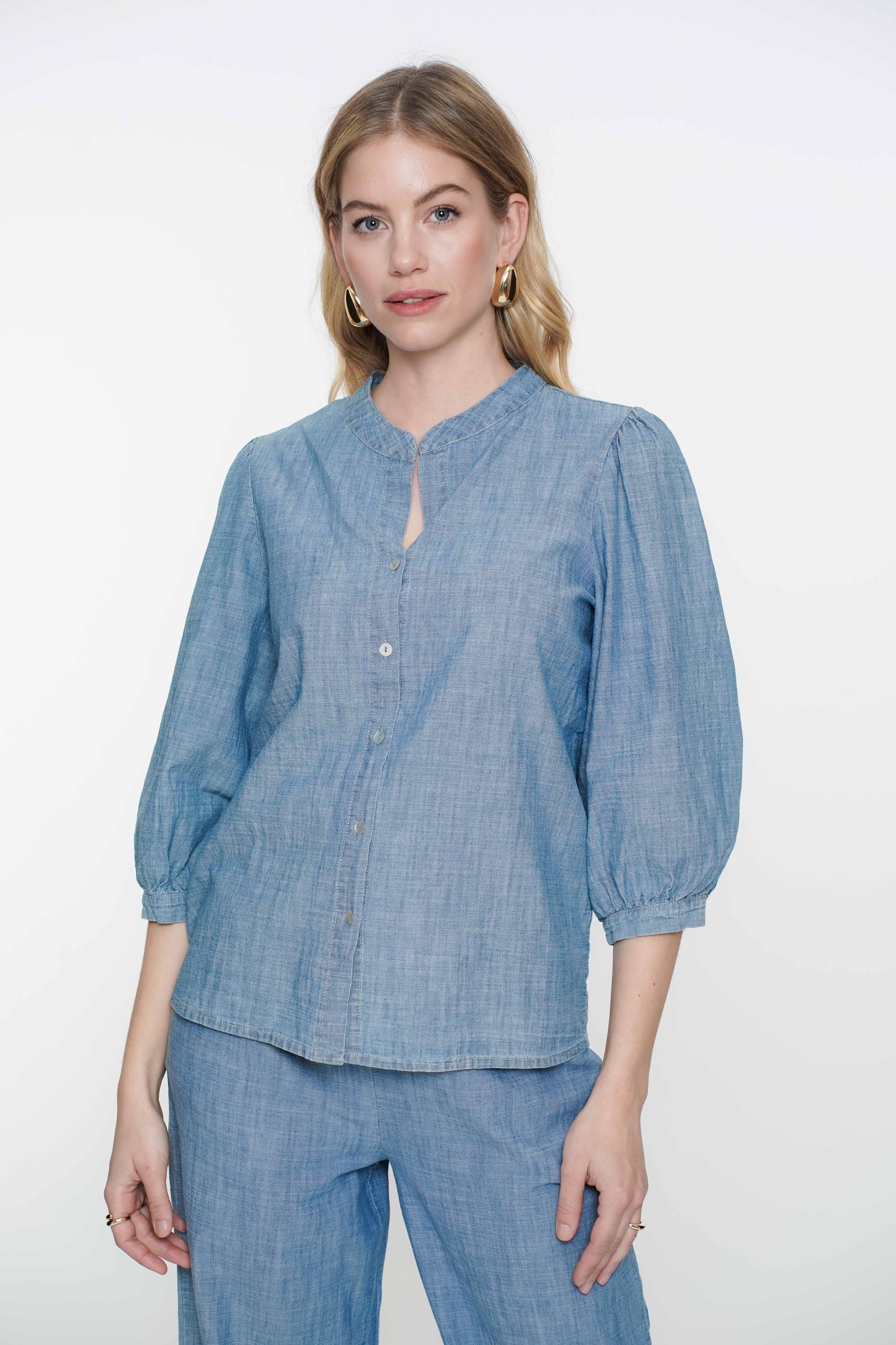 Geisha Damen Denim-Look Bluse mit Dreiviertel-Ballonärmeln
